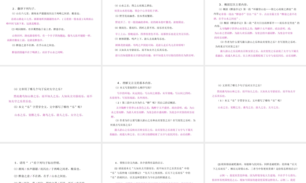 安徽省中考语文 第二部分 文言文阅读 专题一 文言文阅读串讲 串讲十一 醉翁亭记复习课件-人教版初中九年级全册语文课件