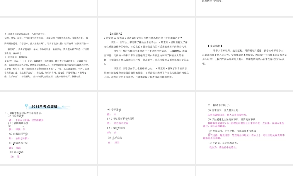 安徽省中考语文 第二部分 文言文阅读 专题一 文言文阅读串讲 串讲四 爱莲说复习课件-人教版初中九年级全册语文课件