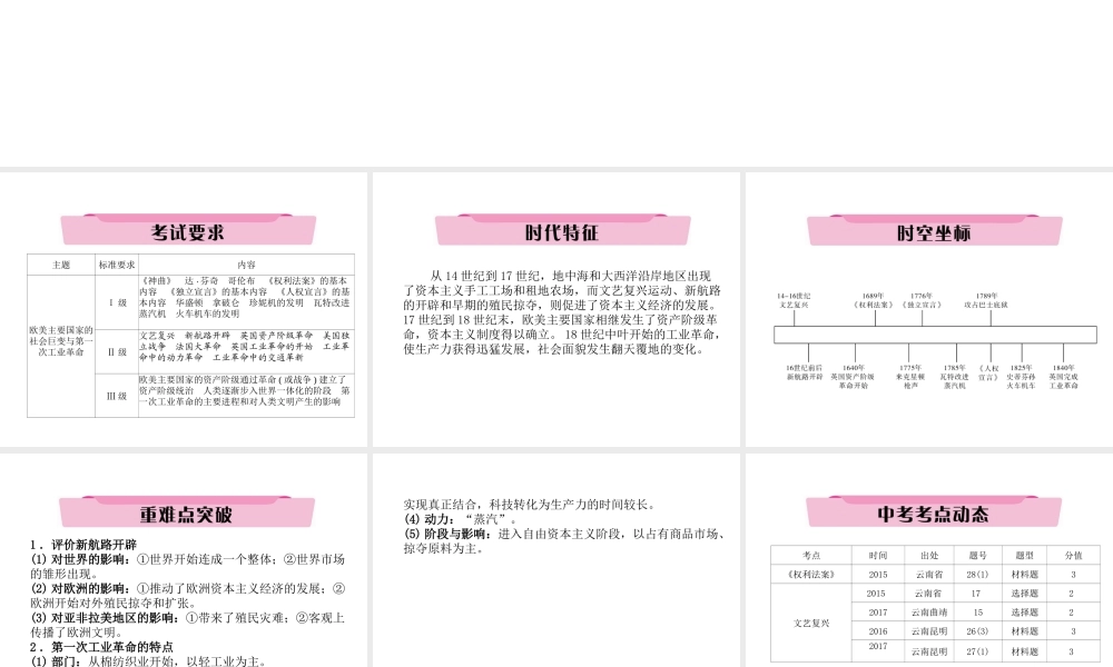 （云南专版）中考历史复习 第一部分 教材知识速查 模块5 世界近代史 第1讲 步入近代—欧美主要国家的社会巨变与第一次工业革命课件-人教版初中九年级全册历史课件