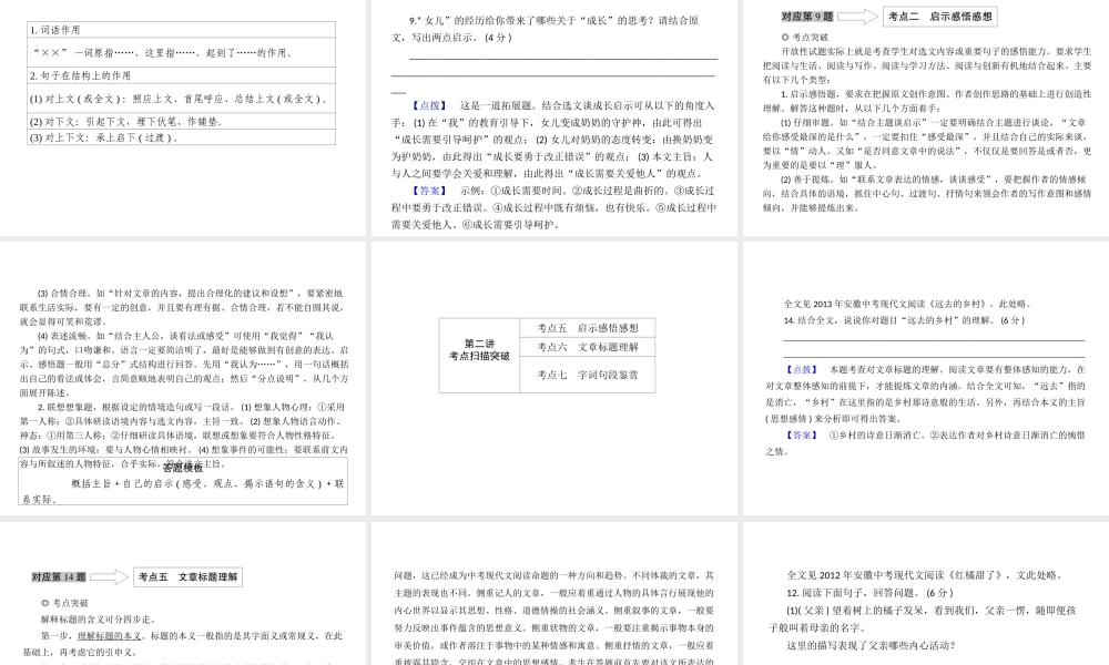 安徽省中考语文 第四部分 现代文阅读 专题一 记叙文(散文、小说)阅读 考点一至考点七复习课件-人教版初中九年级全册语文课件