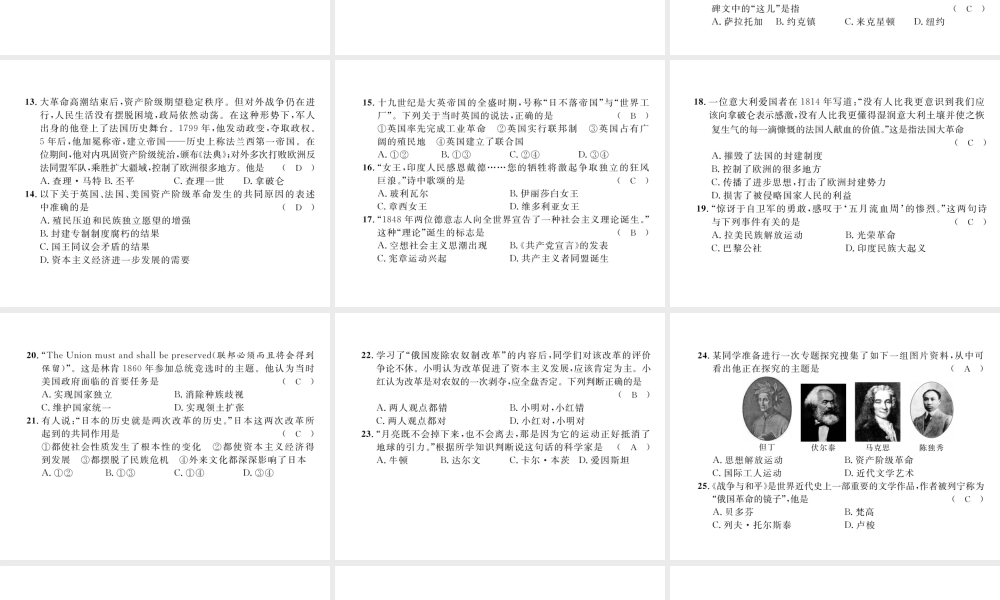 （云南专版）中考历史复习 世界古代、近代史复习过关检测卷课件-人教版初中九年级全册历史课件