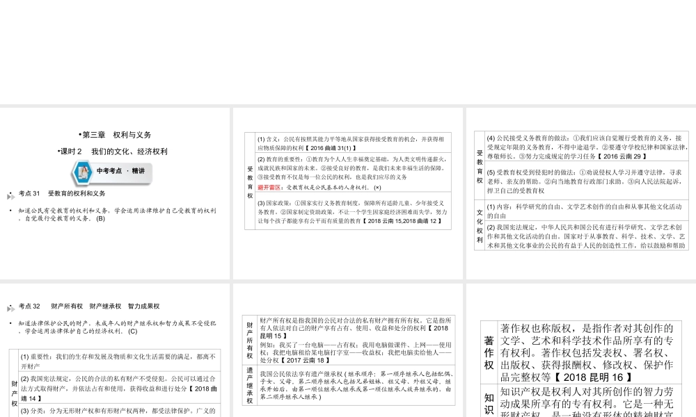 （云南专版）中考道德与法治 第1部分 教材同步复习 模块2 我与他人和集体 第3章 权利与义务（课时2 我们的文化、经济权利）课件-人教版初中九年级全册政治课件