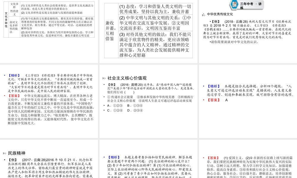 （云南专版）中考道德与法治 第1部分 教材同步复习 模块3 我与国家和社会  第2章 认识国情 爱我中华（课时6文化 传统 美德 精神）课件-人教版初中九年级全册政治课件