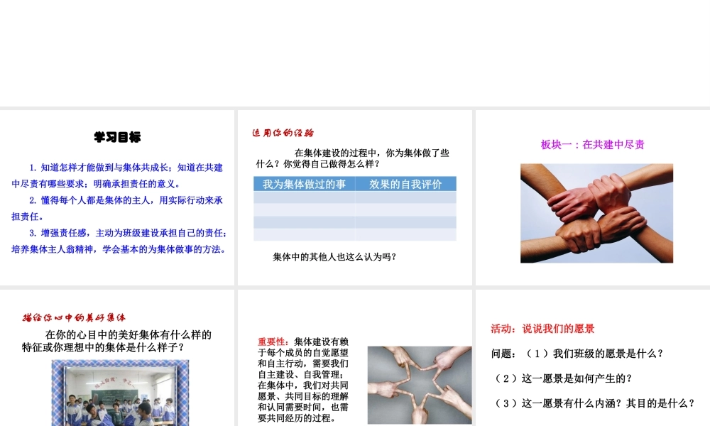 （2016年秋季版）七年级道德与法治下册 第三单元 在集体中成长 第八课 美好集体有我在 第2框 我与集体共成长课件 新人教版