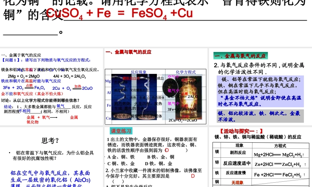 安徽省毫州市风华中学九年级化学《金属的化学性质》课件