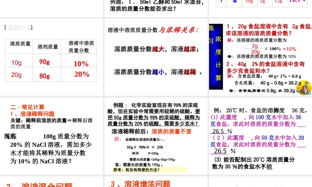 安徽省毫州市风华中学九年级化学《溶质质量分数》课件