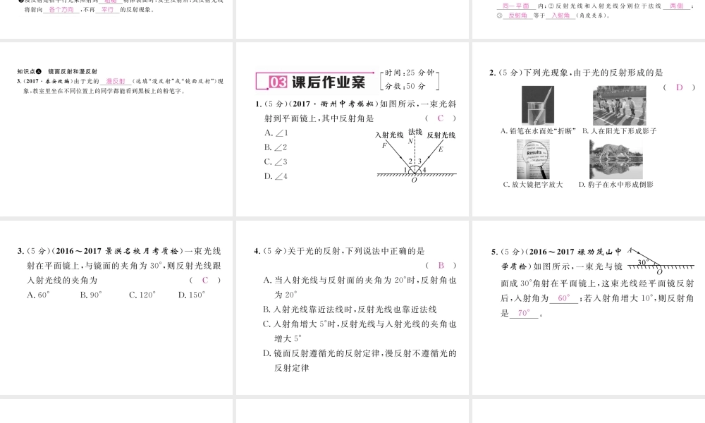 （云南专版）秋八年级物理全册 4.1 光的反射 第2课时 光的反射定律作业课件 （新版）沪科版-（新版）沪科版初中八年级全册物理课件