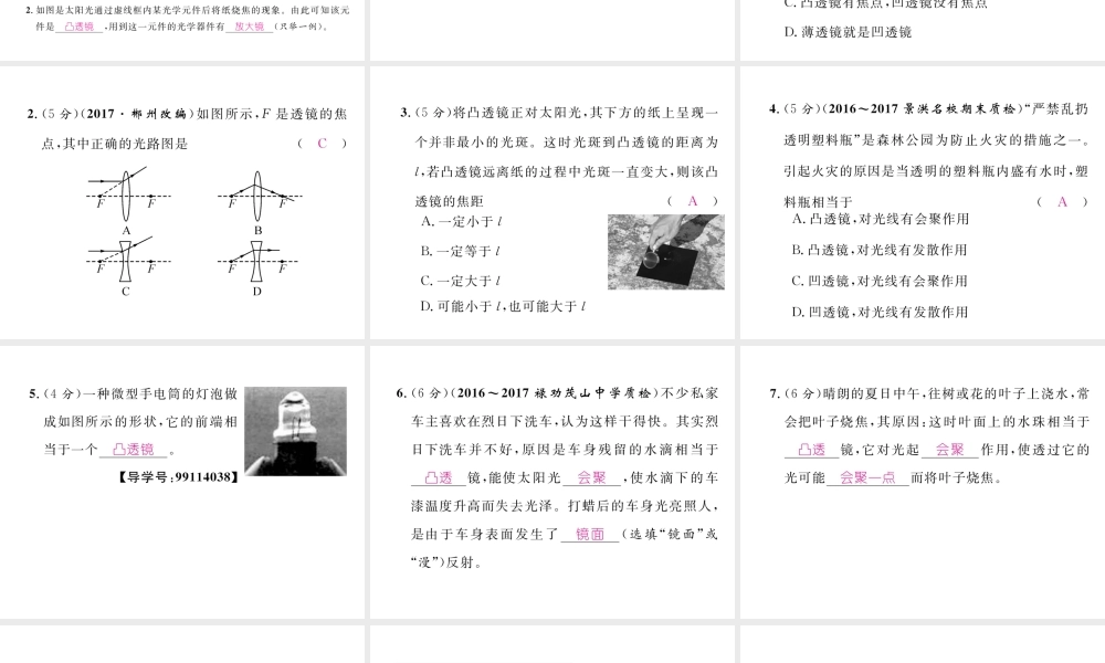 （云南专版）秋八年级物理全册 4.5 科学探究 凸透镜成像 第1课时 凸透镜作业课件 （新版）沪科版-（新版）沪科版初中八年级全册物理课件