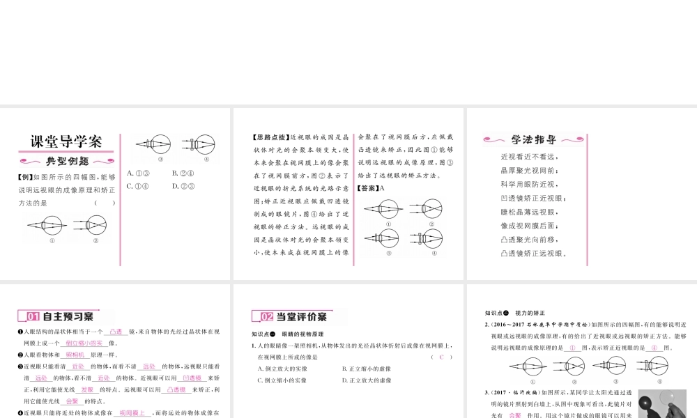 （云南专版）秋八年级物理全册 4.6 神奇的眼睛 第1课时 眼睛与眼镜作业课件 （新版）沪科版-（新版）沪科版初中八年级全册物理课件