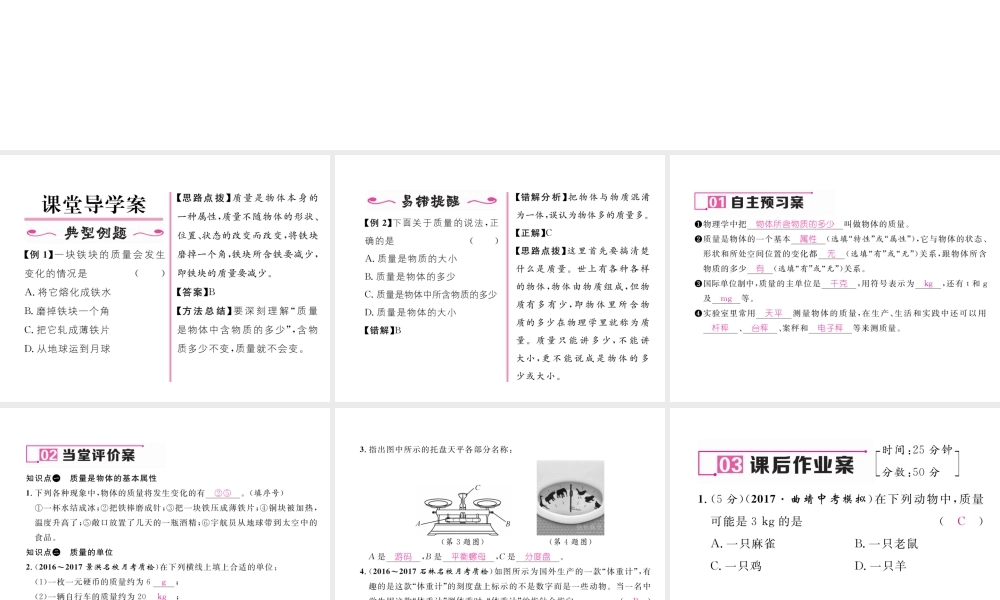 （云南专版）秋八年级物理全册 5.1 质量作业课件 （新版）沪科版-（新版）沪科版初中八年级全册物理课件