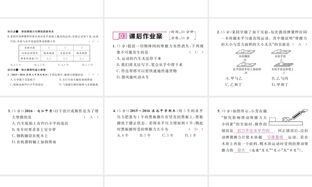 （云南专版）秋八年级物理全册 6.5 科学探究摩擦力作业课件 （新版）沪科版-（新版）沪科版初中八年级全册物理课件
