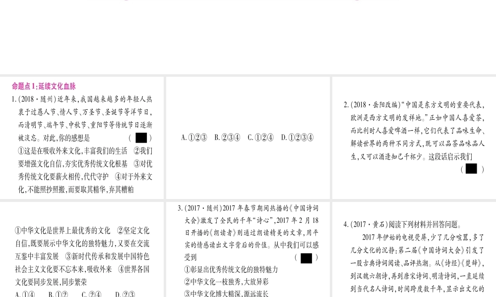 （云南专版）中考道德与法治总复习 第1篇 真题体验 满分演练 九上 第3单元 文明与家园 第5课 守望精神家园课件-人教版初中九年级全册政治课件