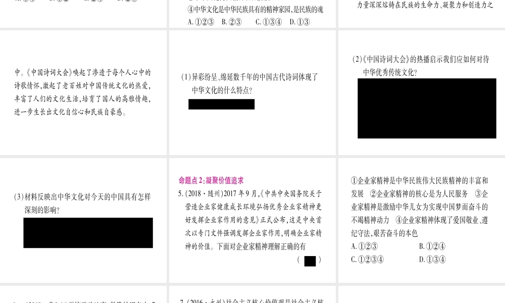 （云南专版）中考道德与法治总复习 第1篇 真题体验 满分演练 九上 第3单元 文明与家园 第5课 守望精神家园课件-人教版初中九年级全册政治课件