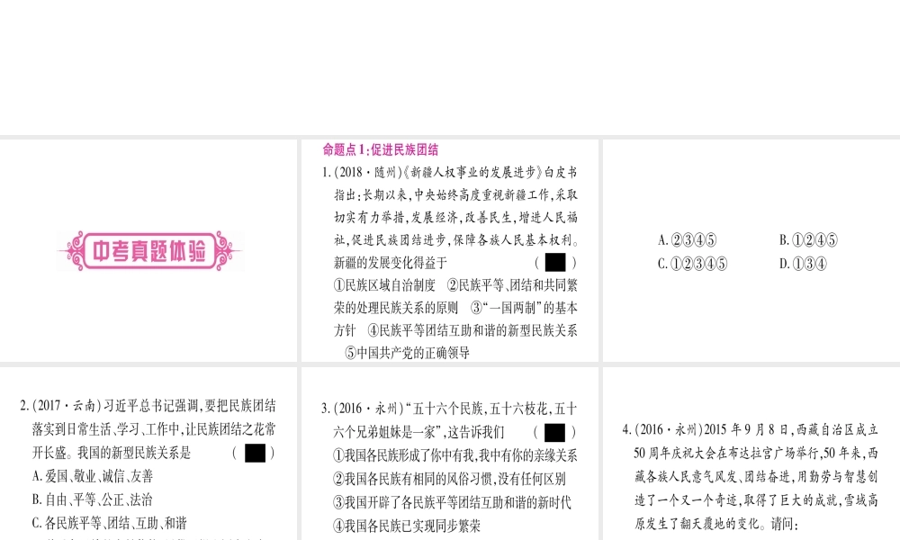 （云南专版）中考道德与法治总复习 第1篇 真题体验 满分演练 九上 第4单元 和谐与梦想 第7课 中华一家亲课件-人教版初中九年级全册政治课件