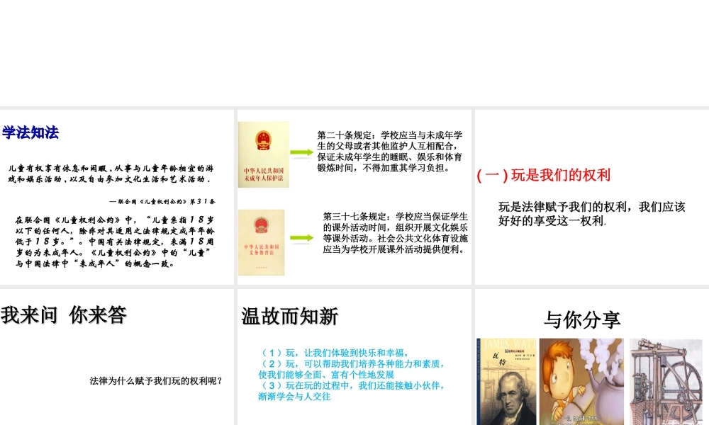 （2016年秋季版）七年级道德与法治下册 第一单元 我是自己的主人 第一课 你会玩吗 第2框 我们有权利玩课件 人民版