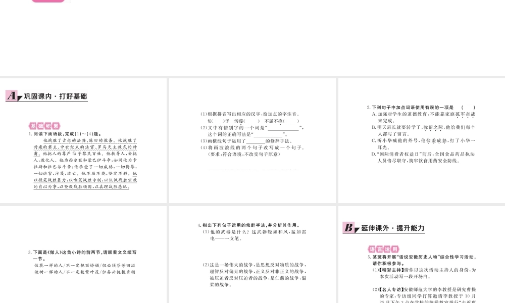 安徽省秋九年级语文上册 第二单元 6 纪念伏尔泰逝世一百周年的演说习题讲评课件 新人教版-新人教版初中九年级上册语文课件