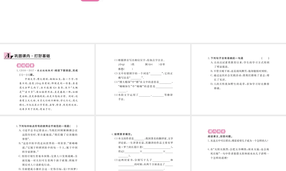 安徽省秋九年级语文上册 第二单元 7 傅雷家书两则习题讲评课件 新人教版-新人教版初中九年级上册语文课件