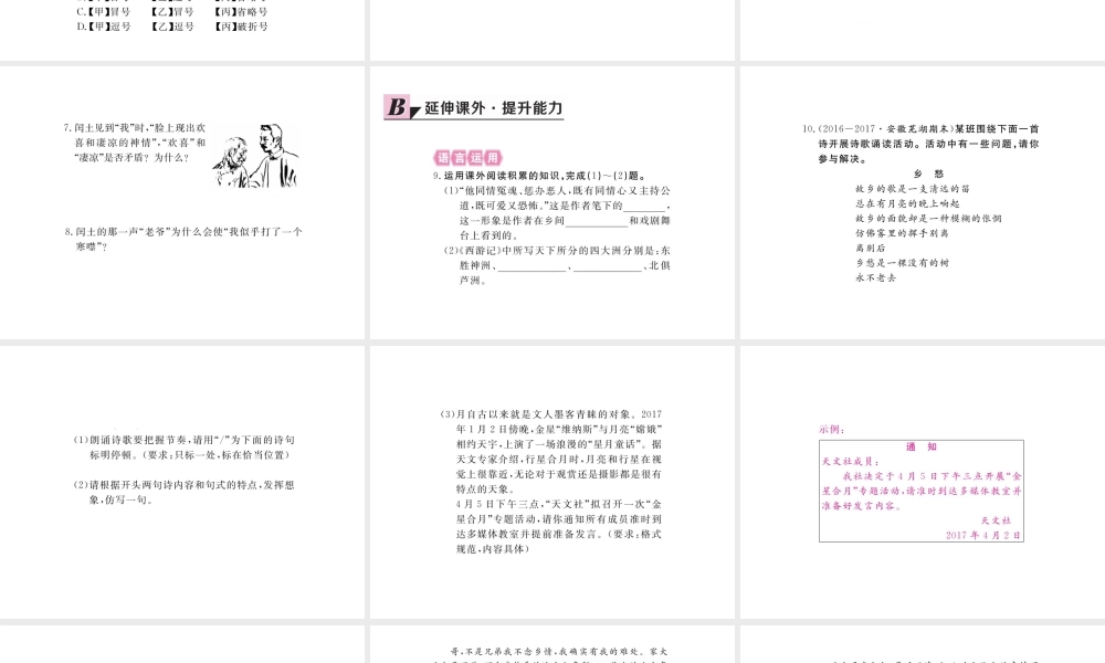 安徽省秋九年级语文上册 第三单元 9 故乡习题讲评课件 新人教版-新人教版初中九年级上册语文课件
