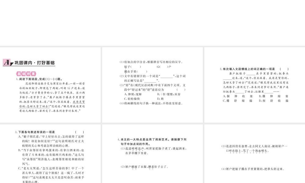 安徽省秋九年级语文上册 第五单元 19 范进中举习题讲评课件 新人教版-新人教版初中九年级上册语文课件
