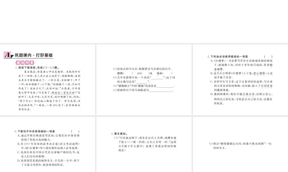 安徽省秋九年级语文上册 第五单元 20 香菱学诗习题讲评课件 新人教版-新人教版初中九年级上册语文课件
