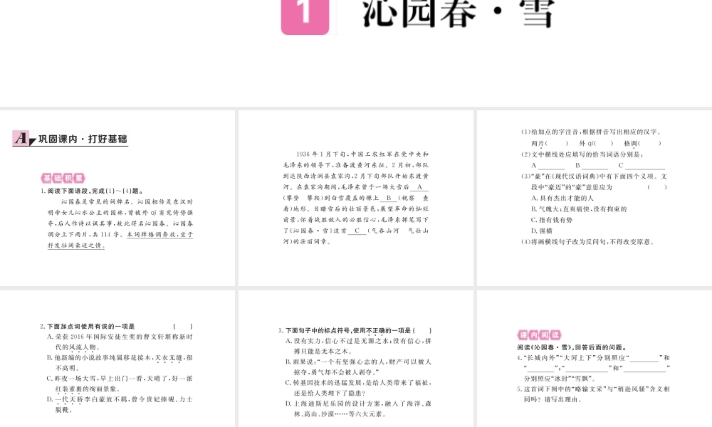 安徽省秋九年级语文上册 第一单元 1 沁园春 雪习题讲评课件 新人教版-新人教版初中九年级上册语文课件
