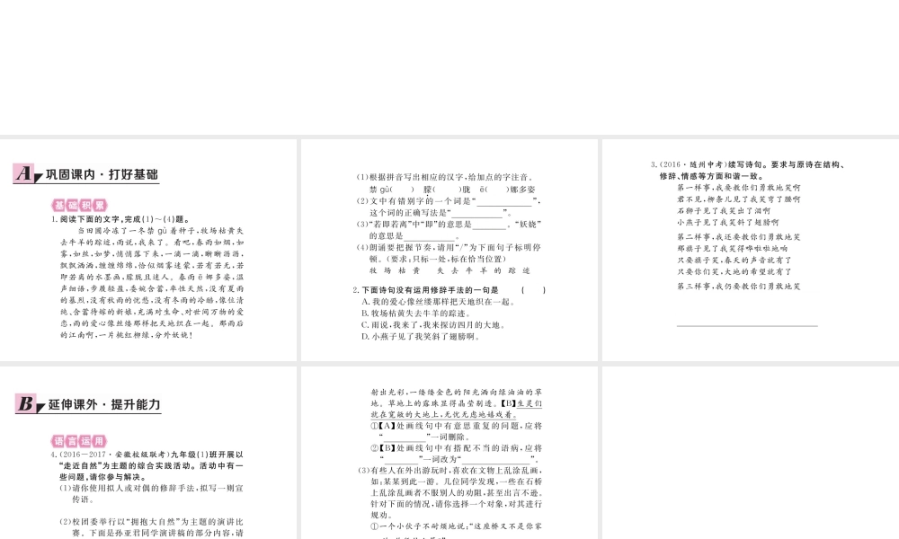 安徽省秋九年级语文上册 第一单元 2 雨说习题讲评课件 新人教版-新人教版初中九年级上册语文课件