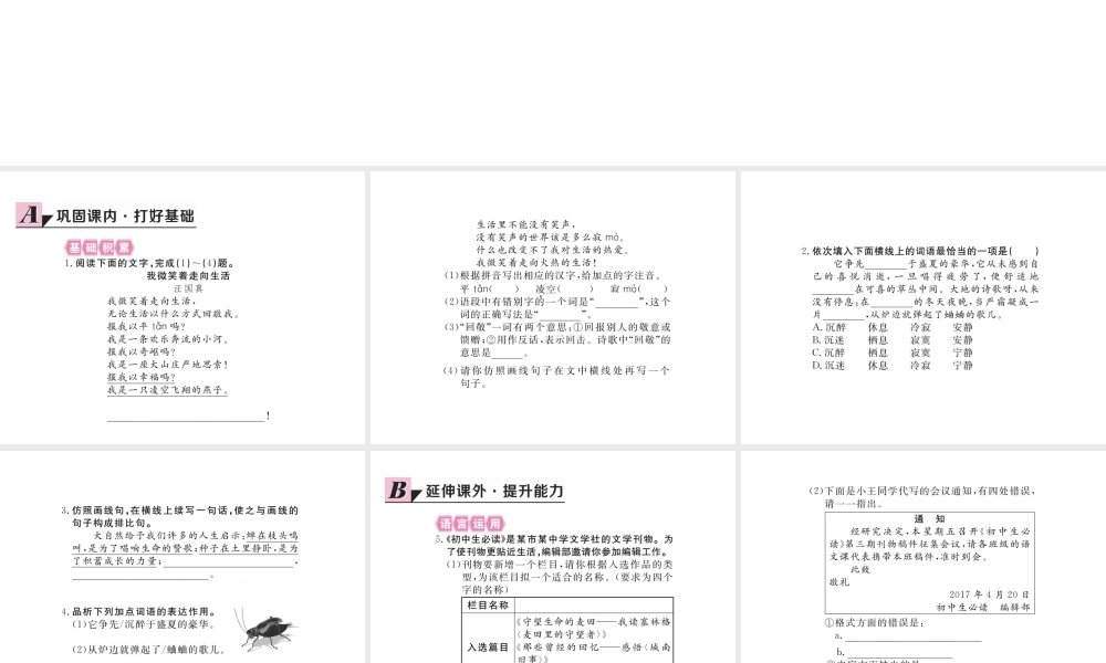 安徽省秋九年级语文上册 第一单元 4 外国诗两首习题讲评课件 新人教版-新人教版初中九年级上册语文课件