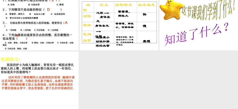 安徽省合肥市长丰县七年级生物下册 4.4.2《血流的管道—血管》课件1 （新版）新人教版-（新版）新人教版初中七年级下册生物课件