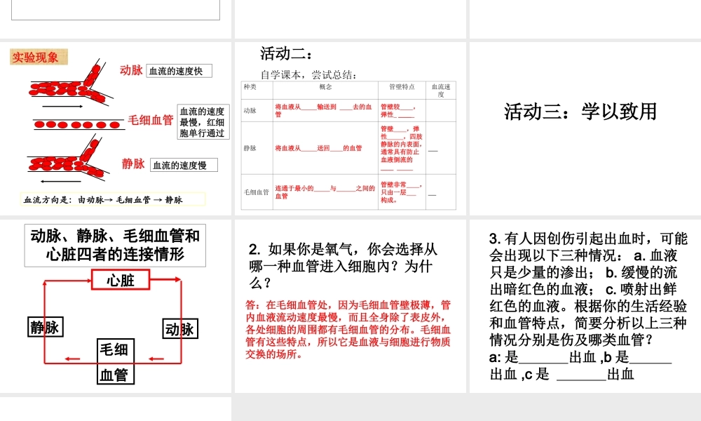 安徽省合肥市长丰县七年级生物下册 4.4.2《血流的管道—血管》课件2 （新版）新人教版-（新版）新人教版初中七年级下册生物课件