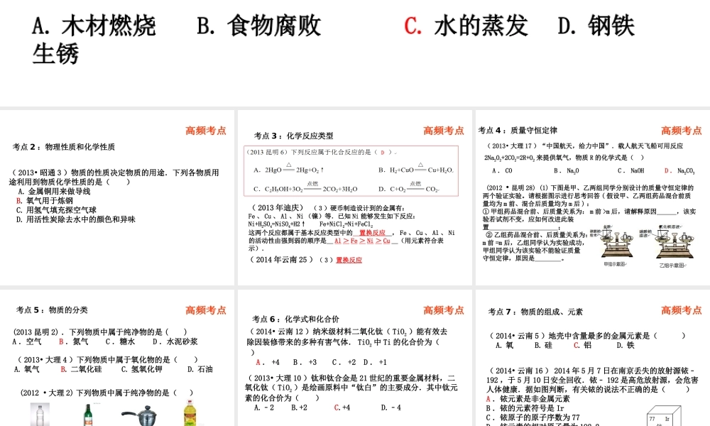 （云南专用）中考化学总复习 高频考点课件-人教版初中九年级全册化学课件