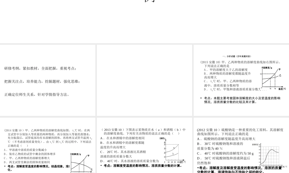 安徽省芜湖市中考化学教学研讨会复习 重视考点 把握关注点—以溶解度曲线、实验装置图教学为例课件-人教版初中九年级全册化学课件