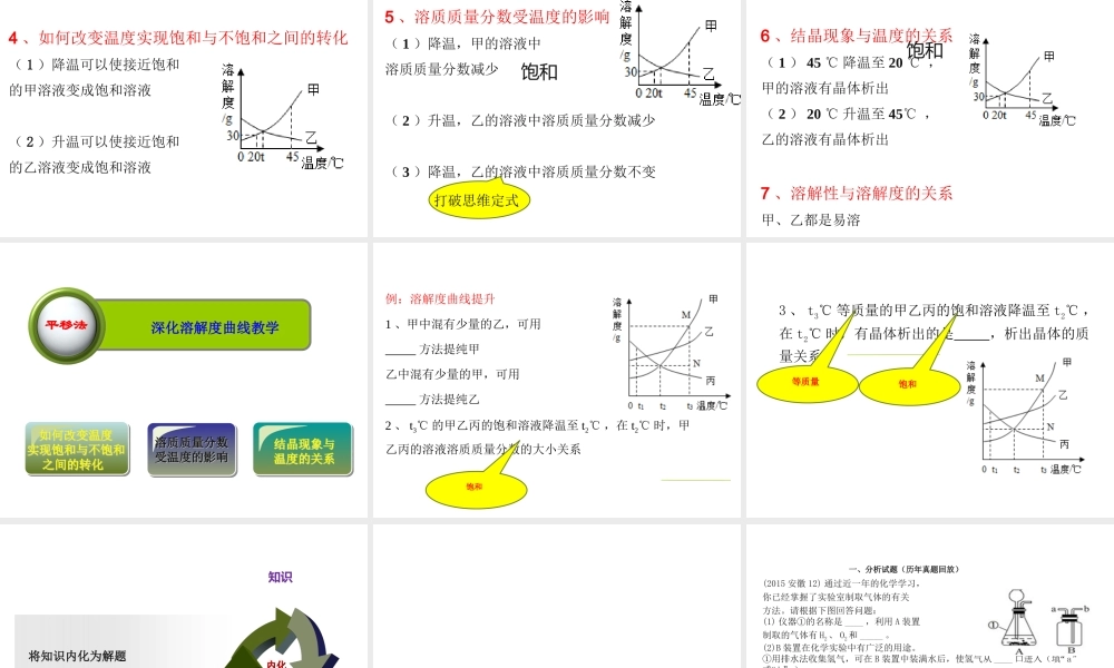 安徽省芜湖市中考化学教学研讨会复习 重视考点 把握关注点—以溶解度曲线、实验装置图教学为例课件-人教版初中九年级全册化学课件