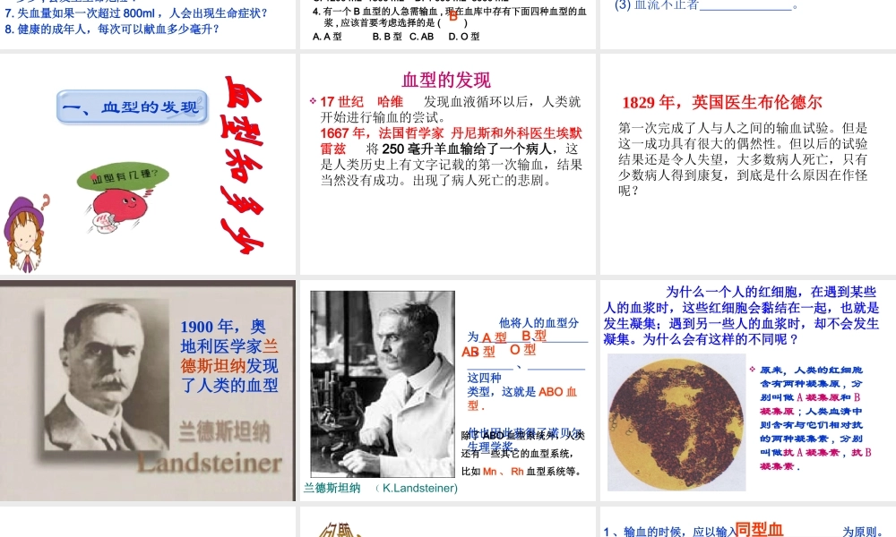 安徽省合肥市长丰县七年级生物下册 4.4.4《输血与血型》课件1 （新版）新人教版-（新版）新人教版初中七年级下册生物课件