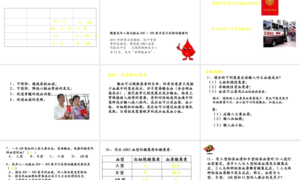 安徽省合肥市长丰县七年级生物下册 4.4.4《输血与血型》课件3 （新版）新人教版-（新版）新人教版初中七年级下册生物课件