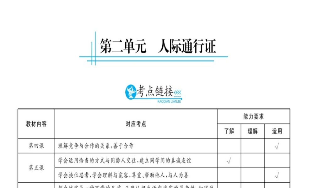 （云南专用）中考政治总复习 八下 第二单元 人际通行证（考点链接考点梳理考法探究）课件 人民版-人民版初中九年级全册政治课件