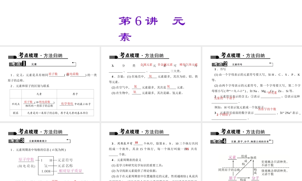 （全国版）中考化学 考点聚焦 第6讲 元素课件-人教版初中九年级全册化学课件