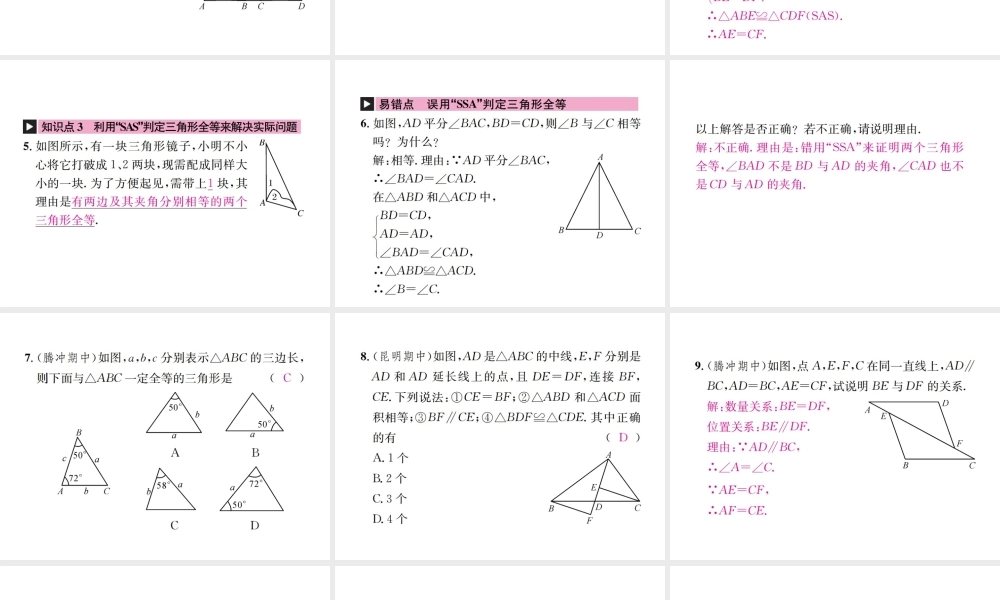 （云南专级数学上册 12.2 三角形全等的判定 第2课时 三角形全等的判定（二）SAS作业课件 （新版）新人教版-（新版）新人教级上册数学课件