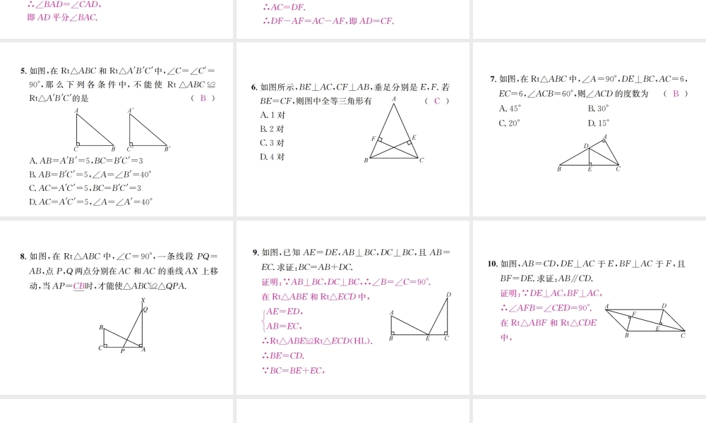 （云南专级数学上册 12.2 三角形全等的判定 第4课时 三角形全等的判定（四）HL作业课件 （新版）新人教版-（新版）新人教级上册数学课件