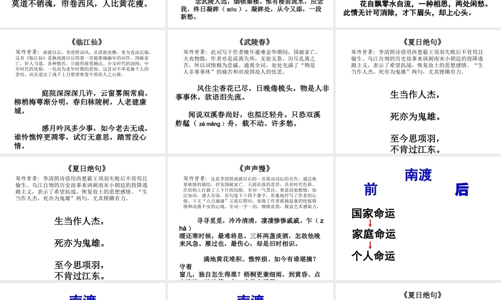 （2016年秋季版）七年级历史下册 第二单元 第14课 宋词和元曲 李清照经典词选课件 北师大版