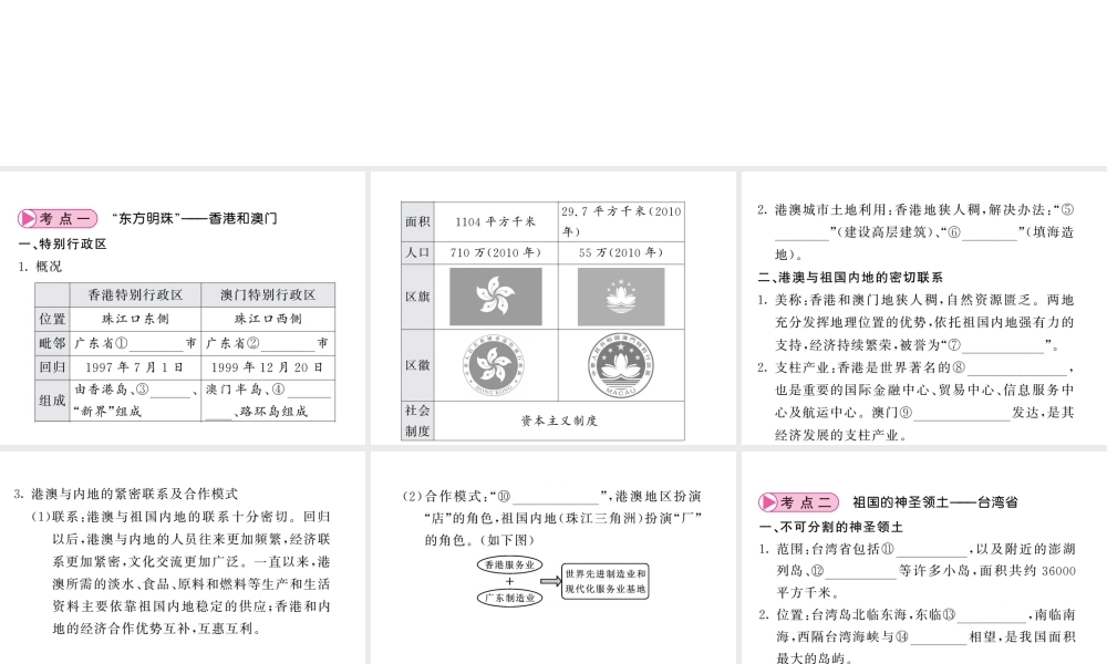 （人教版通用）中考地理一轮复习 八下 第七章 南方地区（第2课时“东方明珠”-香港和澳门 祖国的神圣领土-台湾省）知识梳理课件-人教版初中九年级全册地理课件