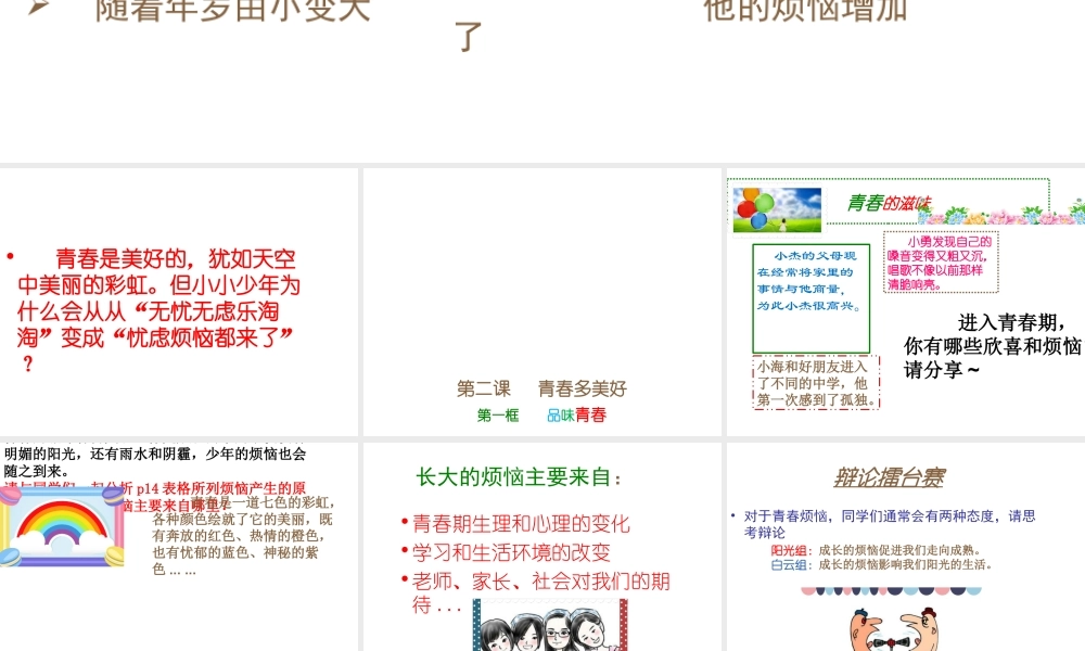 （2016年秋季版）七年级政治上册 第一单元 第二课 第1框 品味青春课件 苏教版（道德与法治）