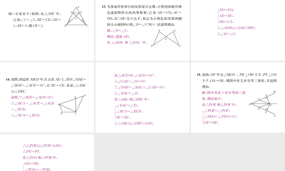 （云南专级数学上册 章末复习（二）全等三角形作业课件 （新版）新人教版-（新版）新人教级上册数学课件