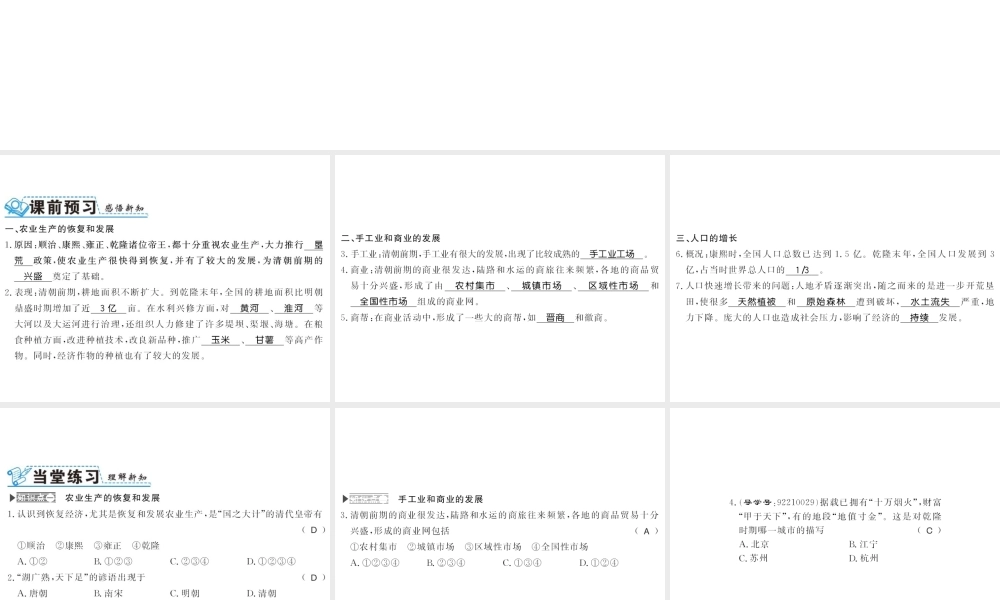 （北部湾级历史下册 第三单元 明清时期：统一多民族国家的巩固与发展 第19课 清朝前期社会经济的发展习题课件 新人教版-新人教级下册历史课件