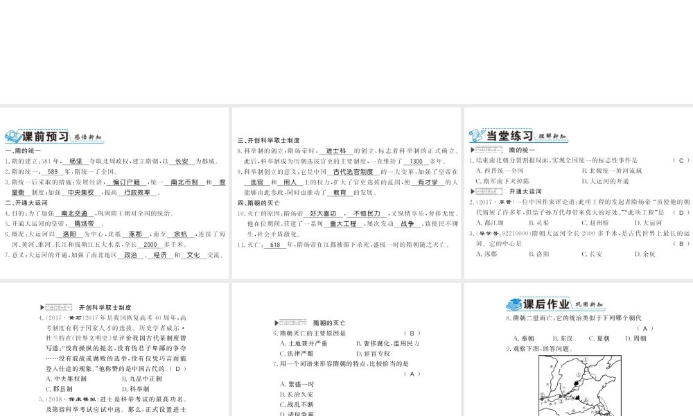 （北部湾级历史下册 第一单元 隋唐时期：繁荣与开放的时代 第1课 隋朝的统一与灭亡习题课件 新人教版-新人教级下册历史课件