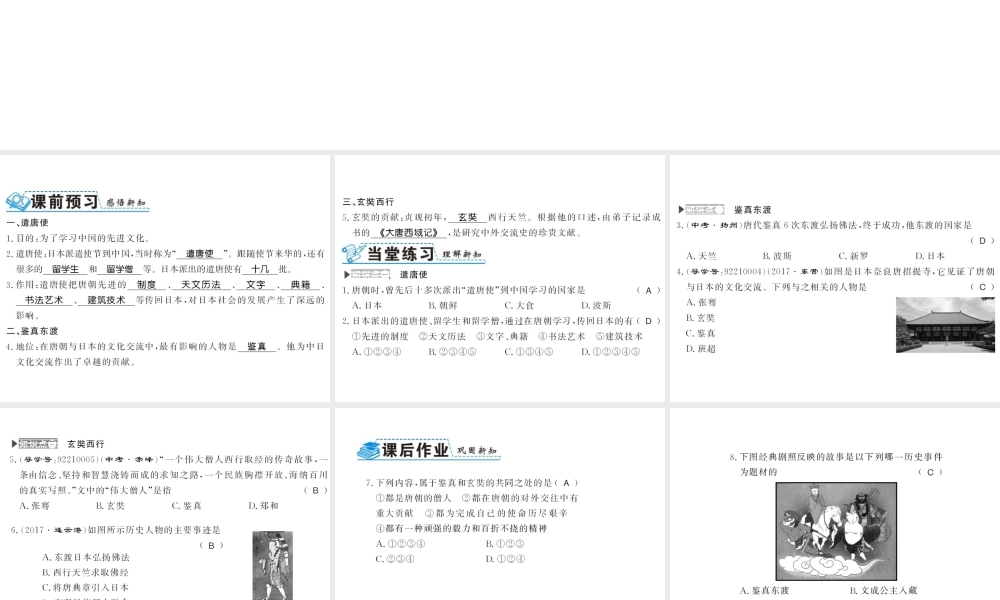 （北部湾级历史下册 第一单元 隋唐时期：繁荣与开放的时代 第4课 唐朝的中外文化交流习题课件 新人教版-新人教级下册历史课件