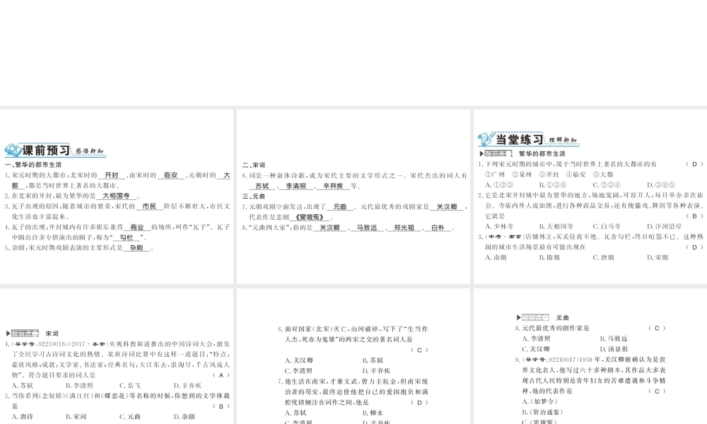 （北部湾专版）七年级历史下册 第二单元 辽宋夏金元时期：民族关系发展和社会变化 第12课 宋元时期的都市和文化习题课件 新人教版-新人教版初中七年级下册历史课件