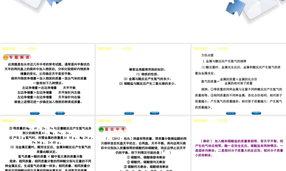（包头专版）中考化学复习方案 题型突破（一）天平题课件-人教版初中九年级全册化学课件