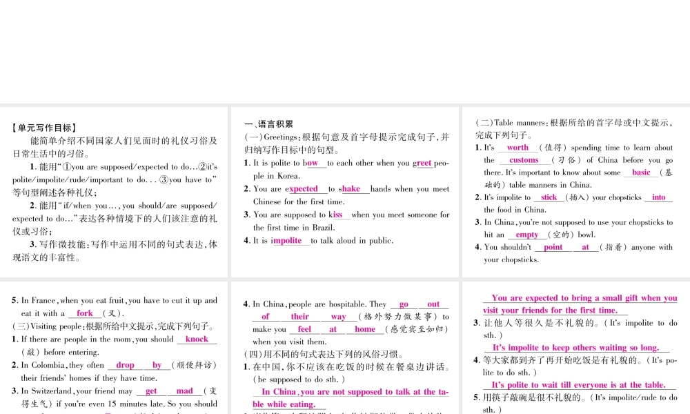 （娄底专版）秋九年级英语全册 Unit 10 You’re supposed to shake hands同步作文指导课件 （新版）人教新目标版-（新版）人教新目标版初中九年级全册英语课件