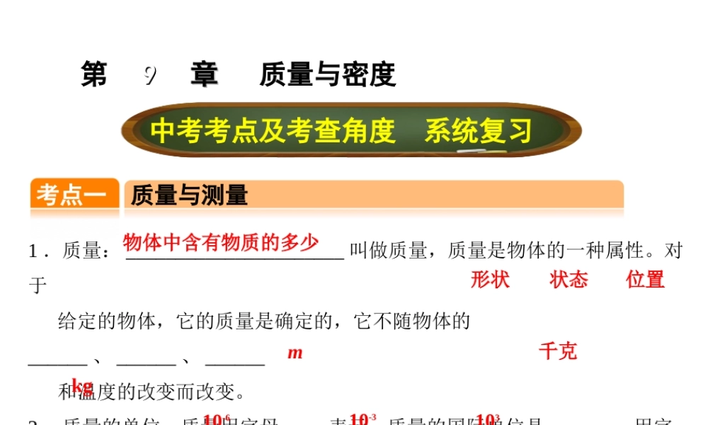 （全国版）中考物理总复习 第九章 质量与密度课件-人教版初中九年级全册物理课件