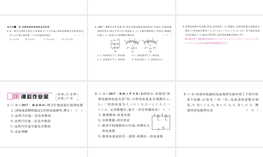 （云南专用）九年级物理全册 14.4 科学探究 串联和并联电路的电流 第2课时 串联和并联电路的电流规律作业课件 （新版）沪科版-（新版）沪科版初中九年级全册物理课件